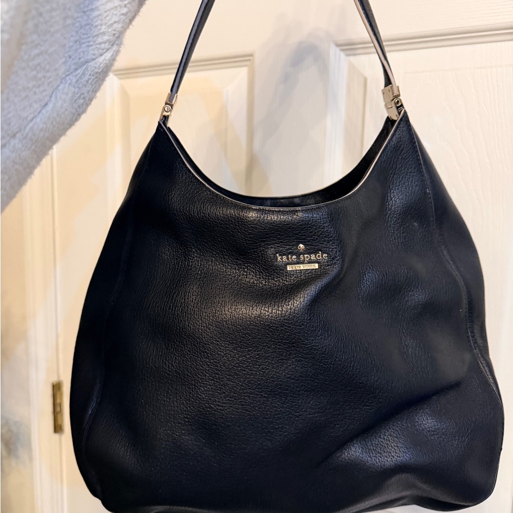 kate spade Black Pebbled Leather Shoulder Hobo with Gold Logo